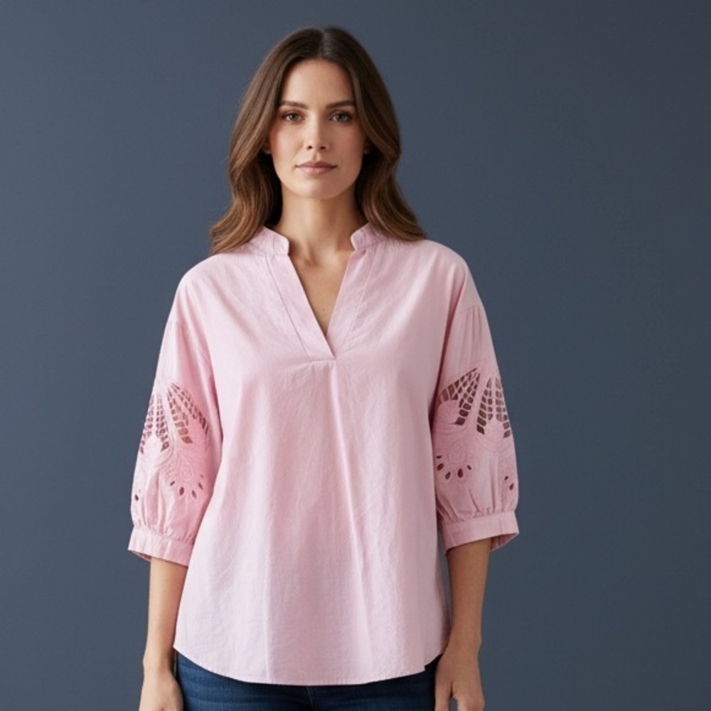 JOH. Ladies pink XS eyelet sleeves v neck button down the back designer blouse.